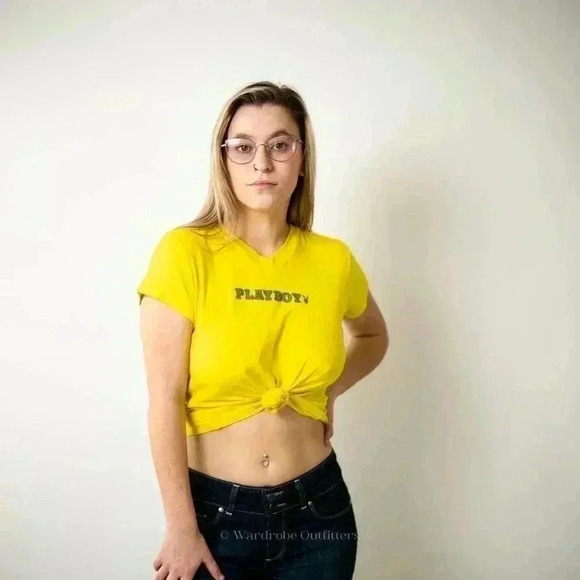 Y2K Playboy Bright Yellow Crop Top Tee Shirt - M - Picture 5 of 6